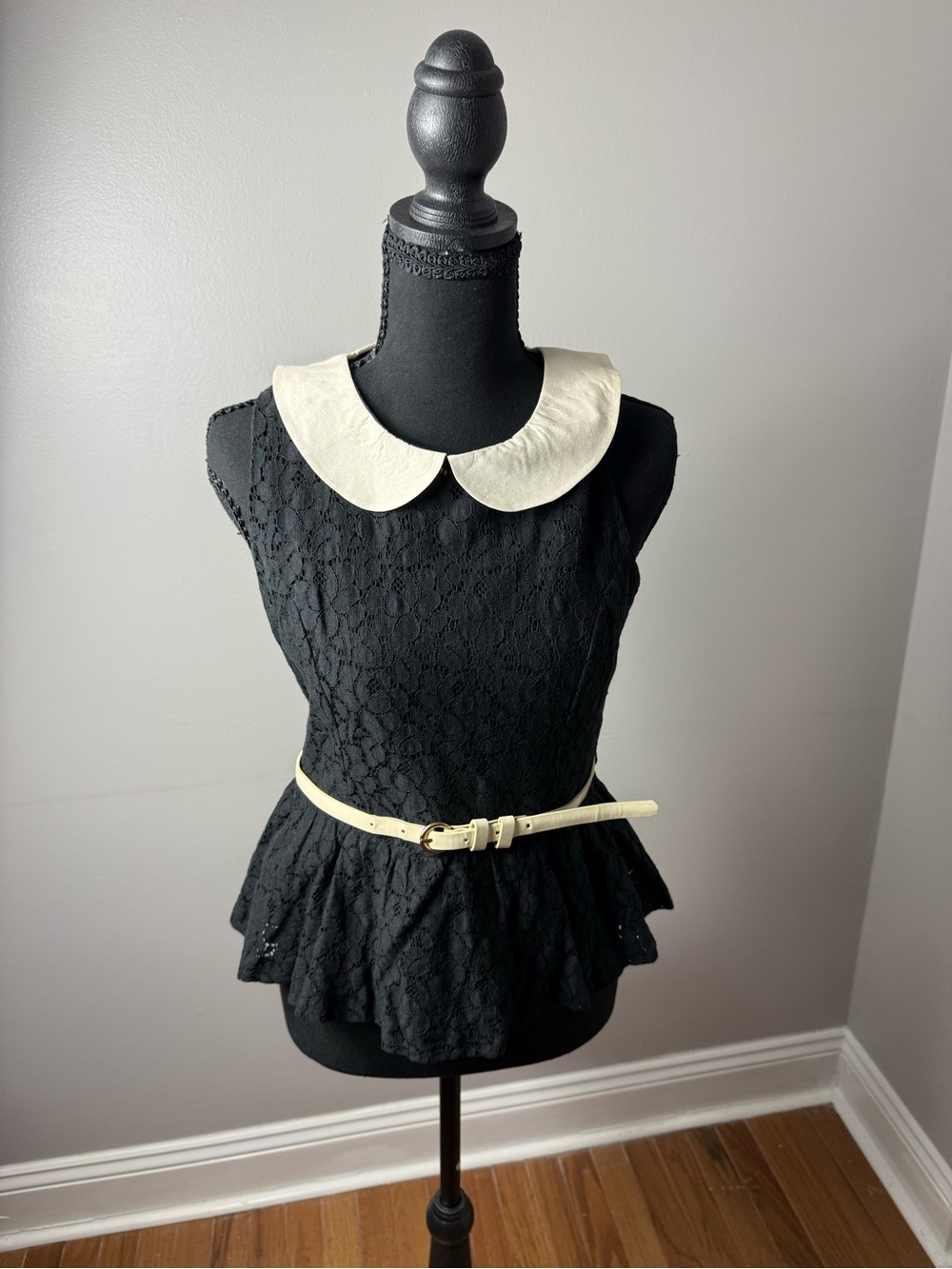La Hearts Black Lace Peplum Camisole with White Peter Pan Collar